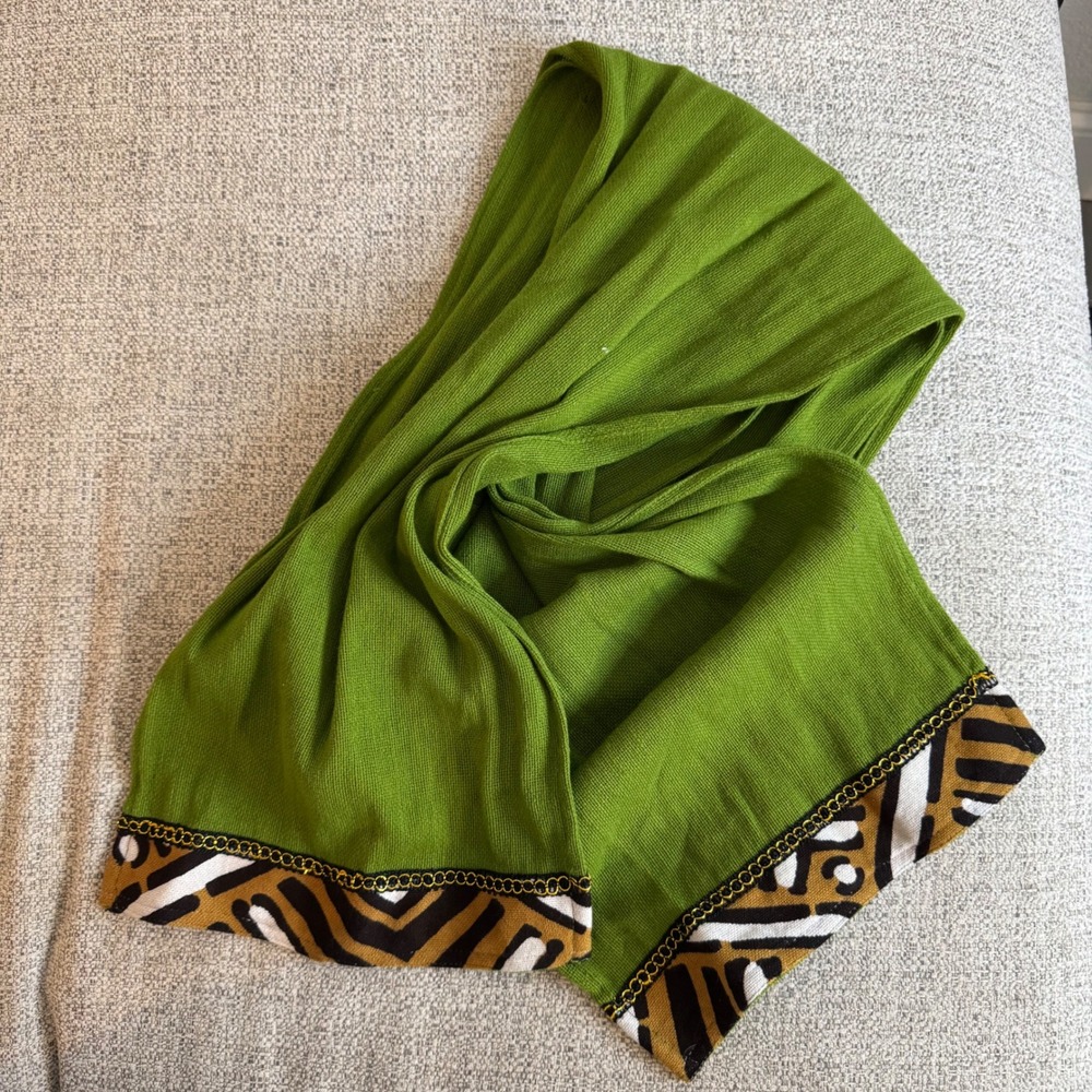 Green Cotton Scarf with Tribal Print Trim Lightweight Accessory 35" x 10"
